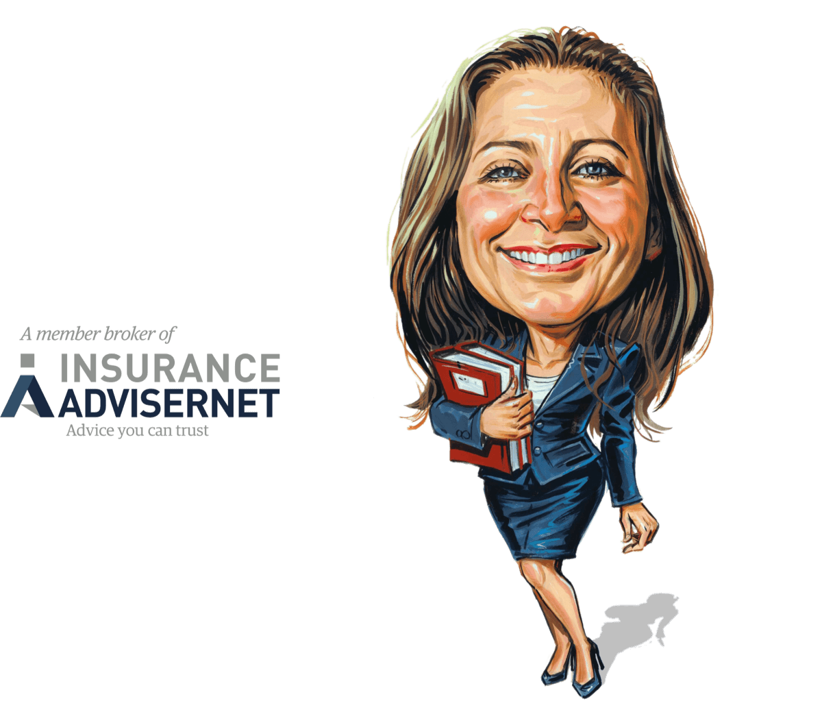 Karen standing next to insurance advisernet logo