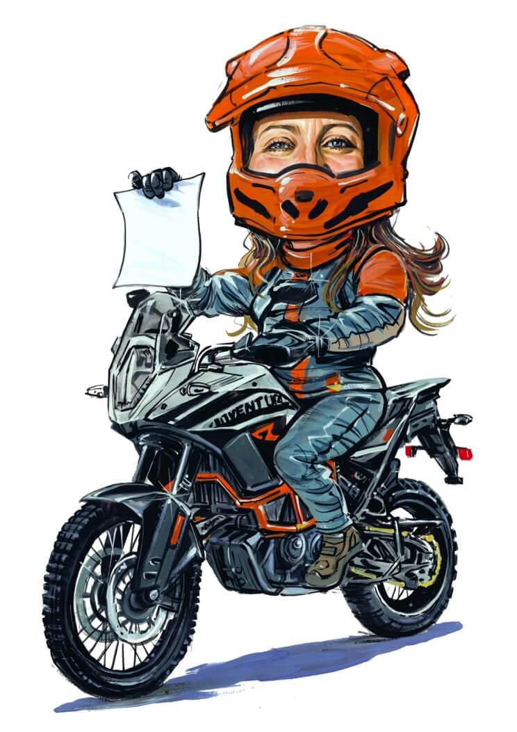 Karen on a motorbike holding paper